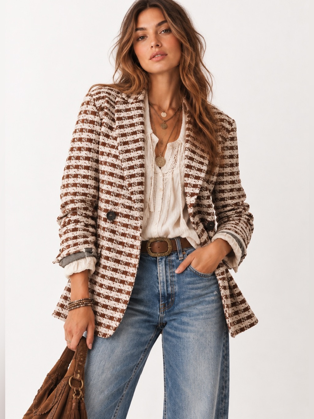 Anthropologie Dolan Left Coast Knit Houndstooth Blazer Jacket in Brown and White